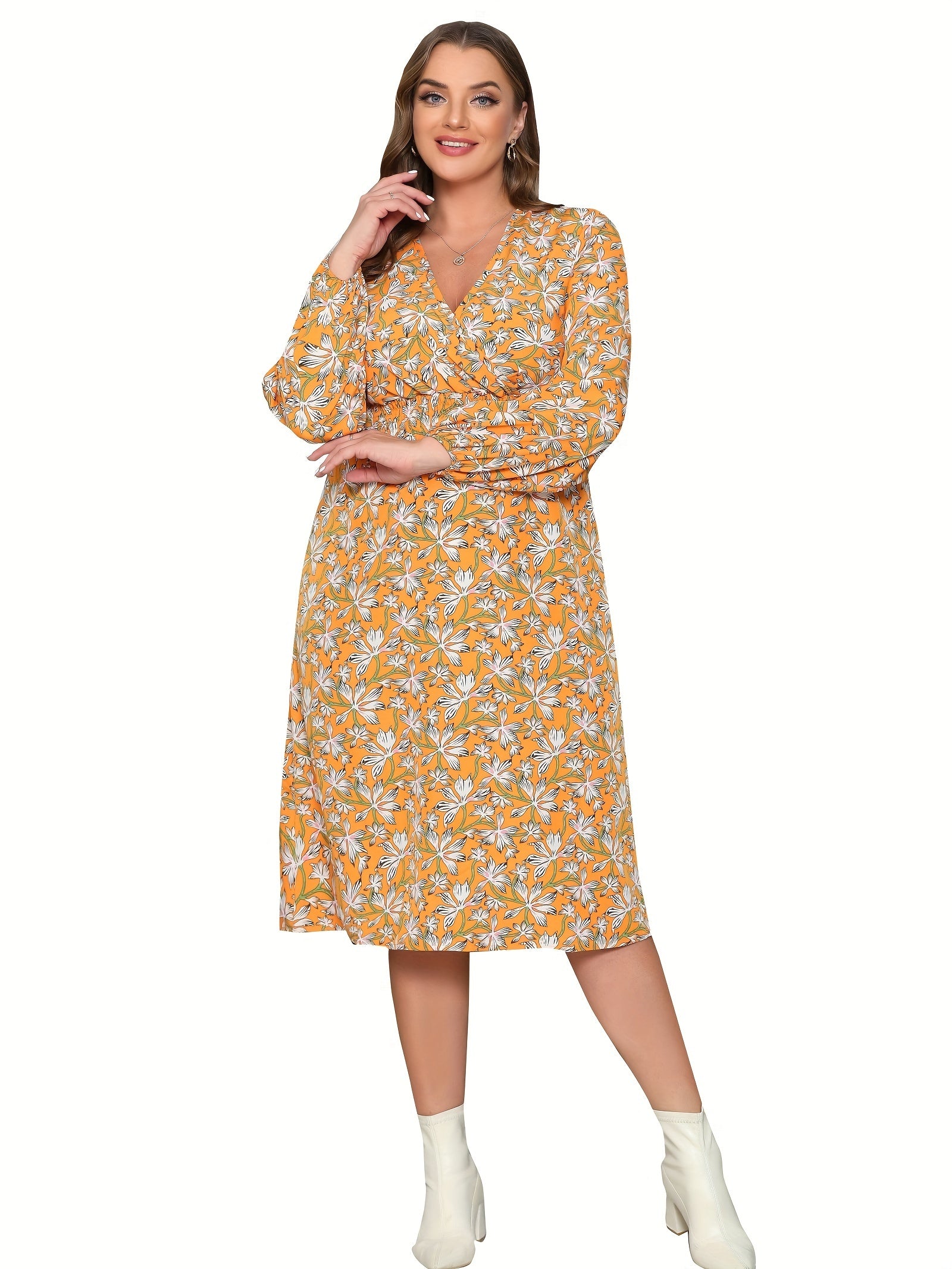  Floral Print Surplice Neck Midi Dress