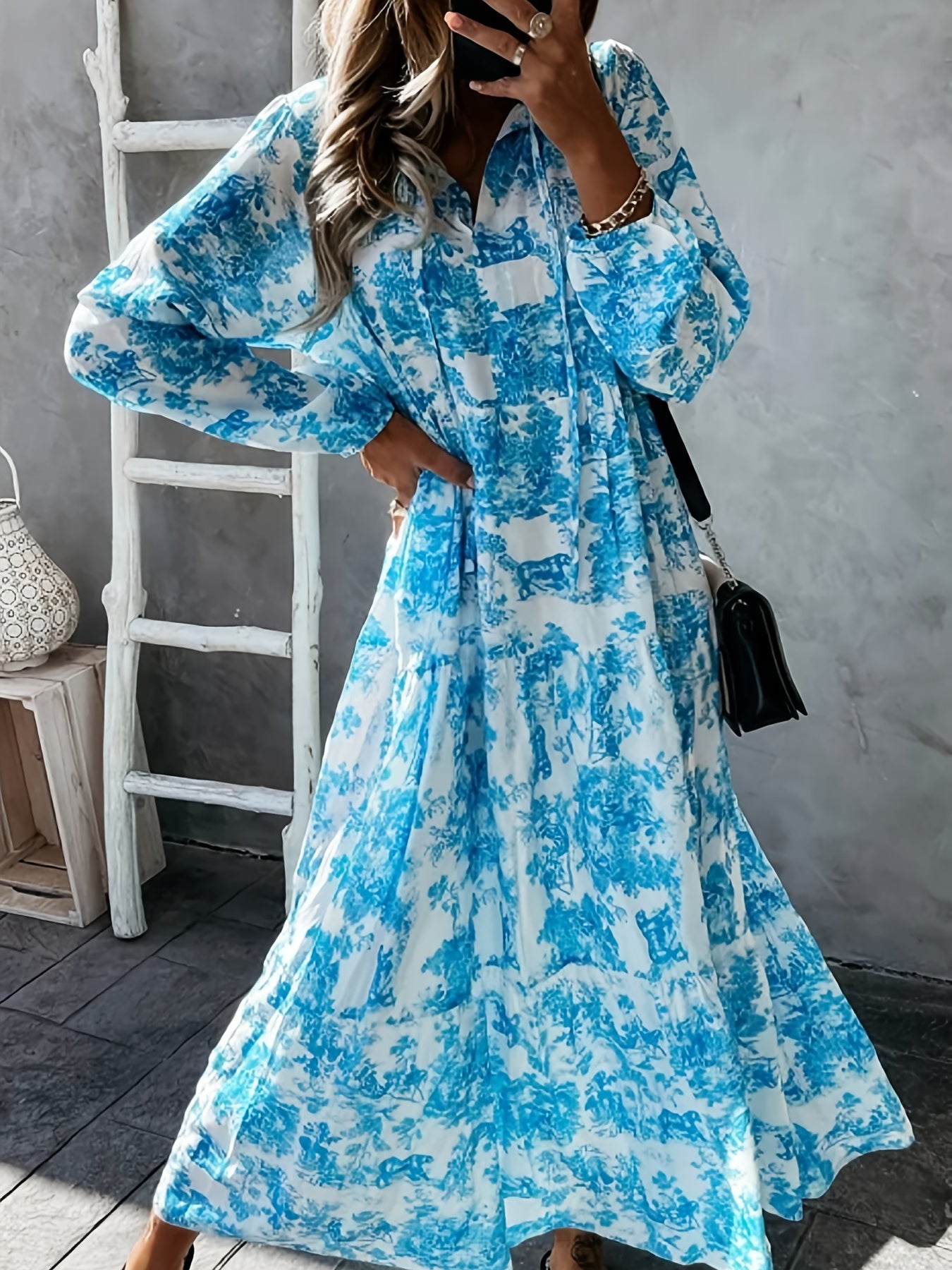 Allover Print Tie Front Maxi Dress