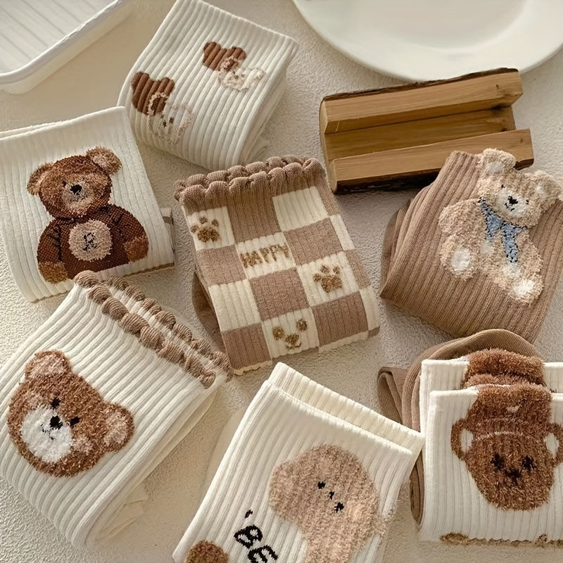 7 Pairs Bear Print Cartoon Socks Women's Mid Tube Stockings