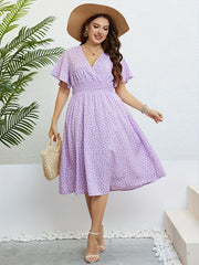  Dot Print Surplice Neck Ruffle Sleeve Nipped Waist Pleated Dress