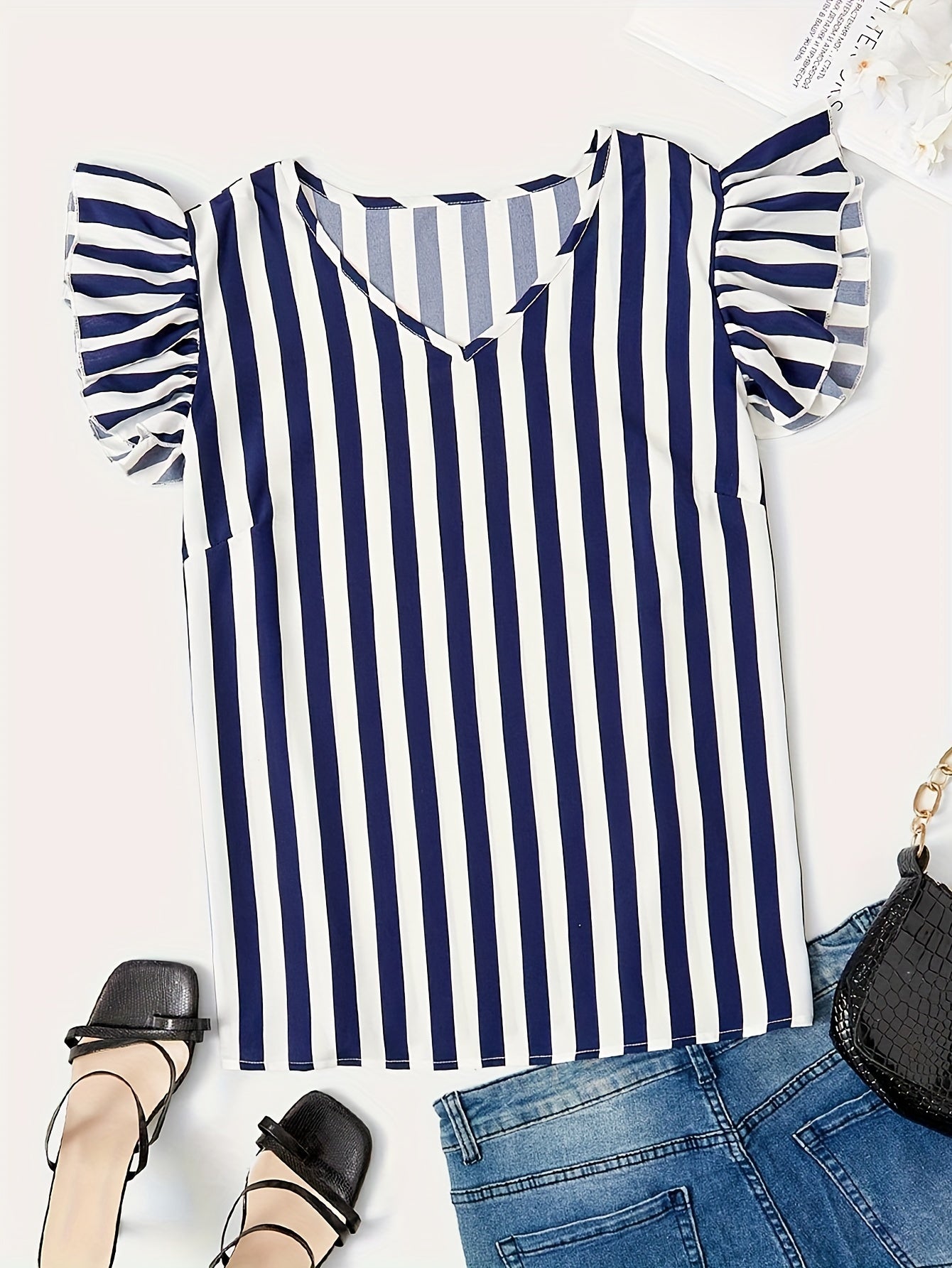  Women's Stripe Print Cap Sleeve V Neck Blouse