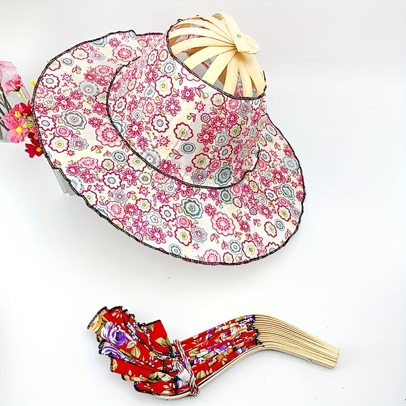 Vintage Floral Bamboo Fan Sun Hat