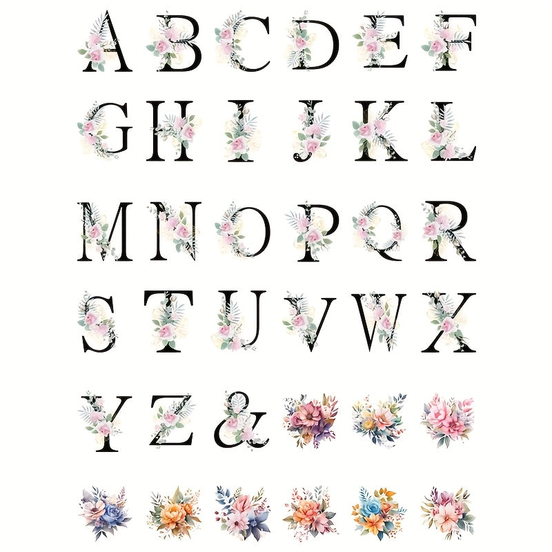 36pcs Floral Alphabet UV DTF Keychain Stickers - Waterproof Self Adhesive