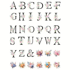 36pcs Floral Alphabet UV DTF Keychain Stickers - Waterproof Self Adhesive
