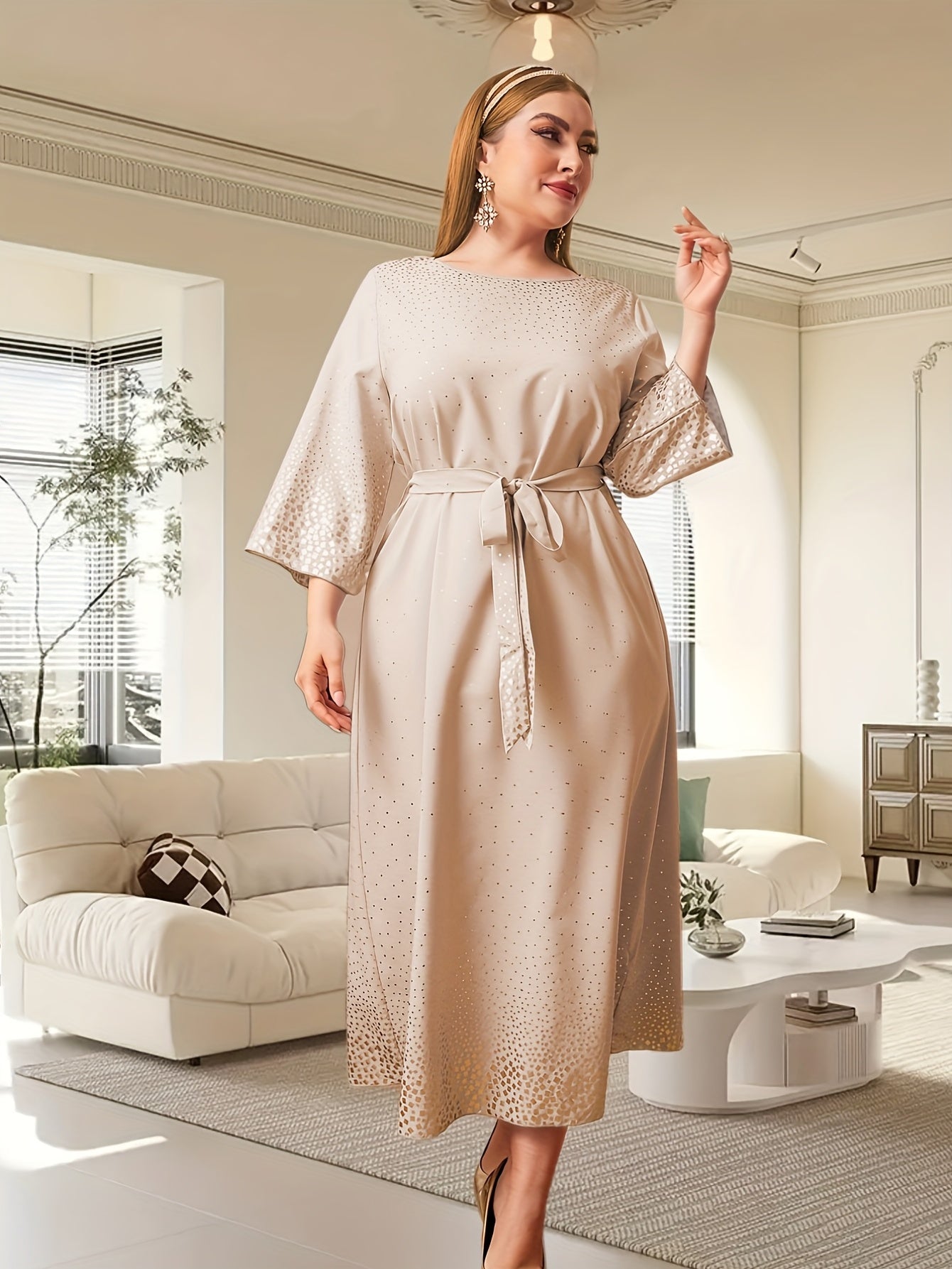  Abaya Dress Women's Plus Dot Print Maxi Dress With Belt