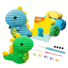 Crochet Kit for Beginners - 2 Dinos Easy Yarn Knitting Set with Video Tutorials
