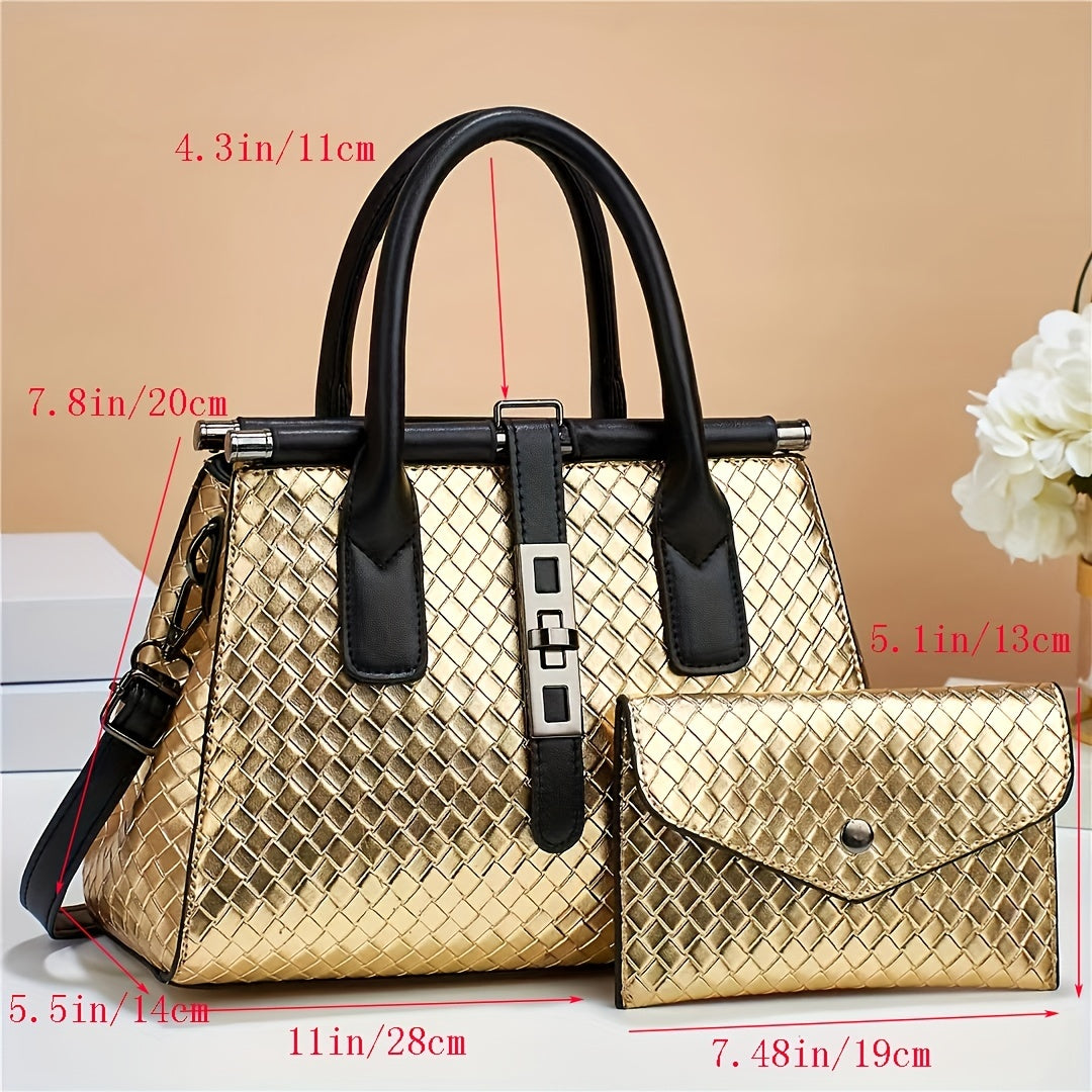 Metallic Woven Tote Bag Set with Clutch Purse for Women