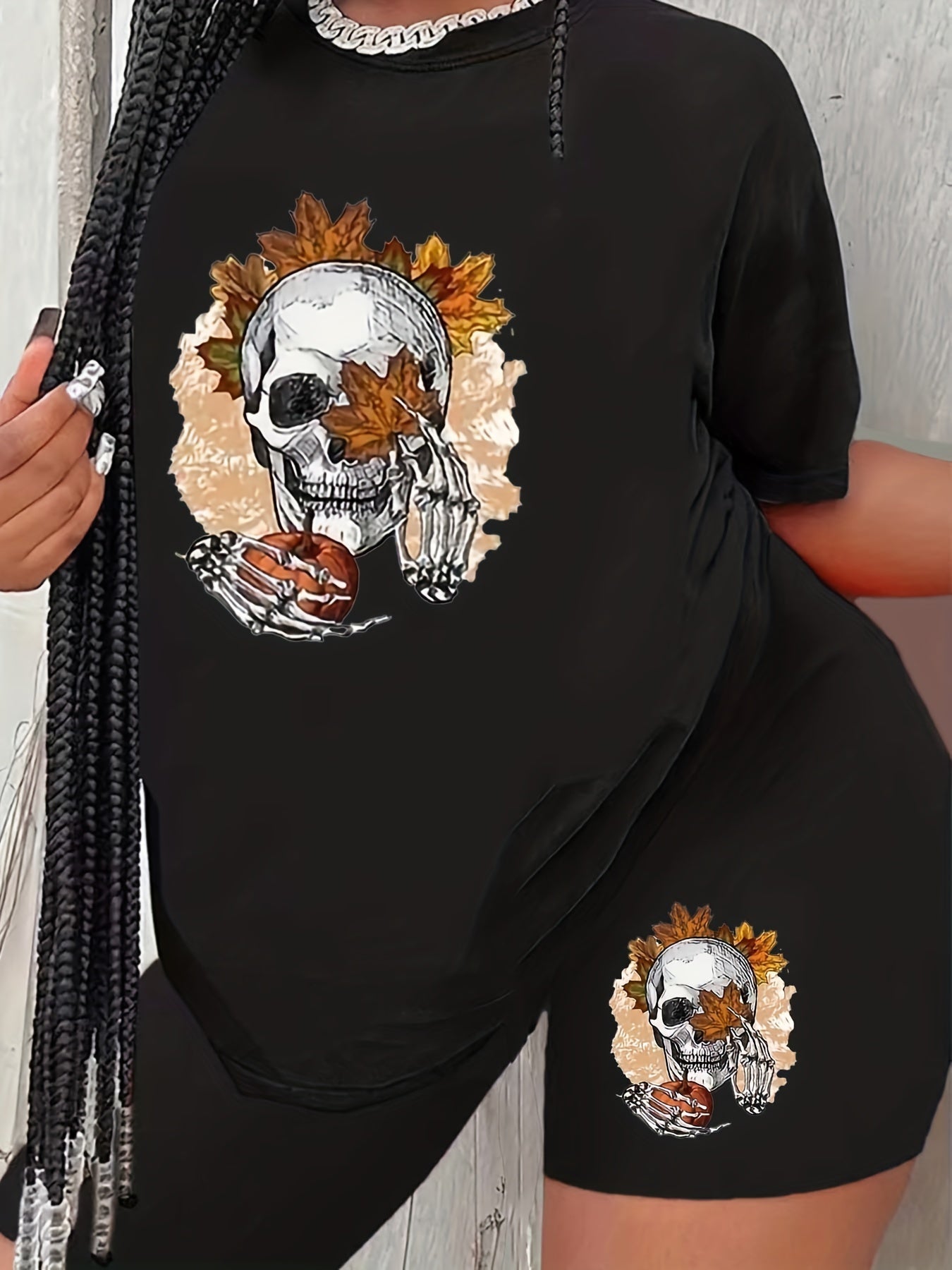  Halloween Skull & Maple Leaf & Pumpkin Print Top & Biker Shorts Set