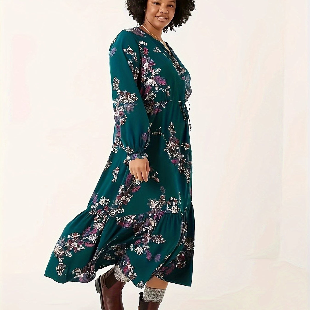  Floral Print Flounce Sleeve Tie Front V Neck Smock Dress