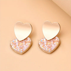 Double Heart Sequins Dangle Earrings 14K Plated Jewelry