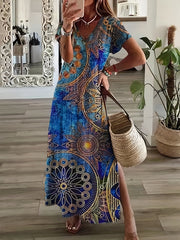 Floral Print V Neck Short Sleeve Boho Maxi Dress
