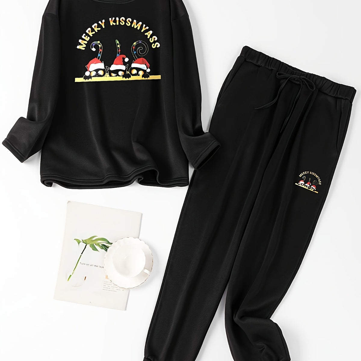  Christmas Loungewear Set Women's Plus Christmas Kitten Print