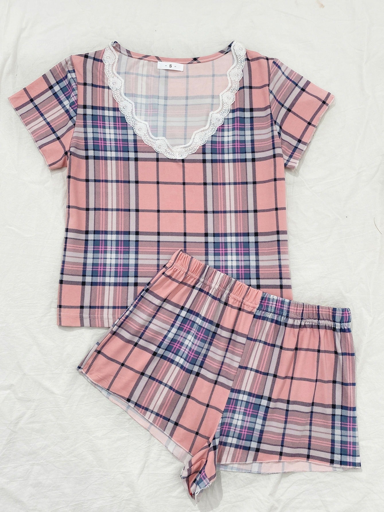 Women's Plaid Lace Trim Pajama Set