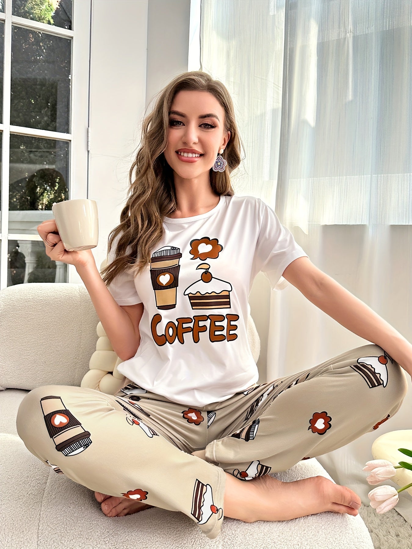 Cartoon Cake & Drink Print Pajama Set