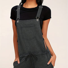 Solid Pocket Front Rompers Casual Sleeveless Drawstring Vintage