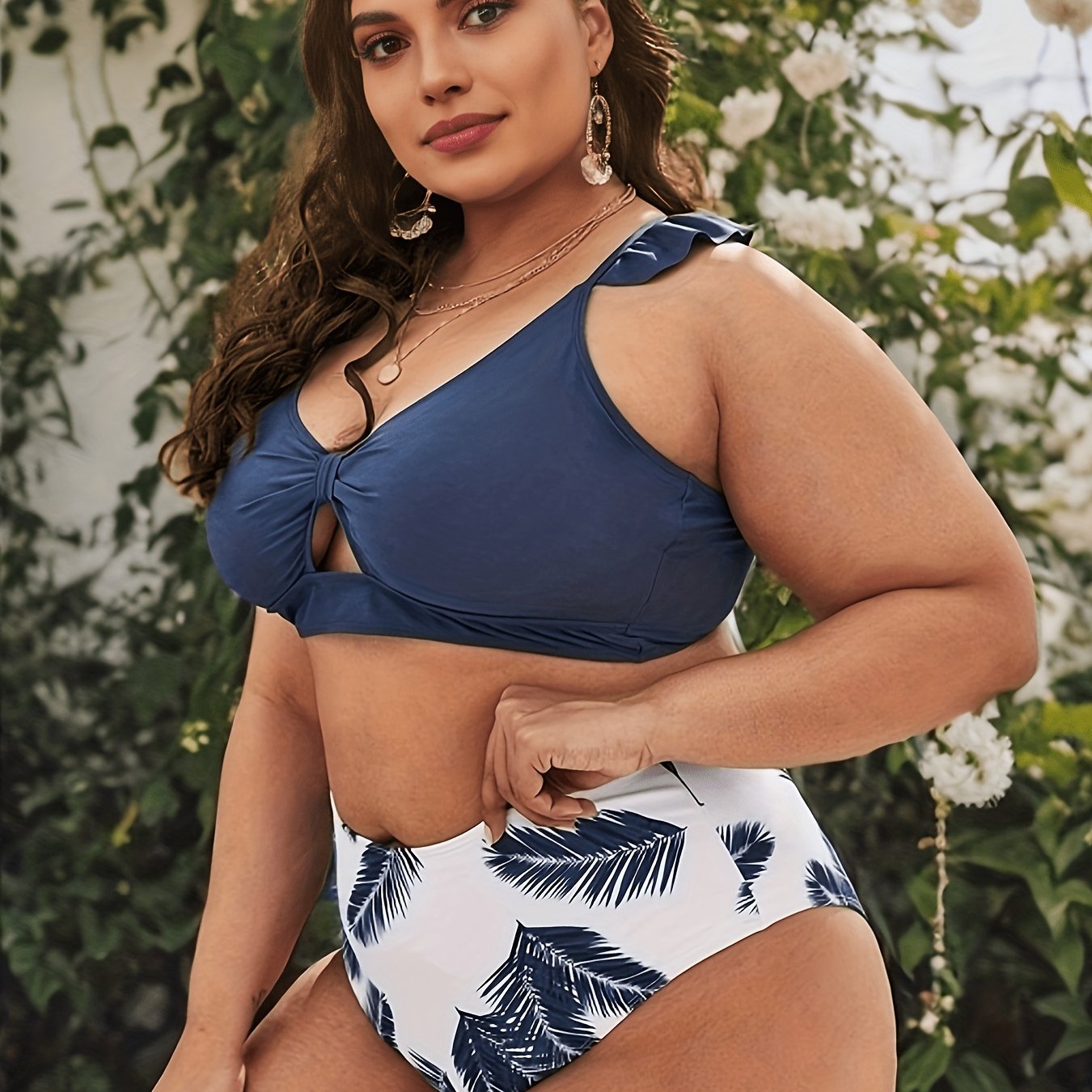  Vacay Tankini Set Women's Plus Plain Ruffle Trim Two Piece