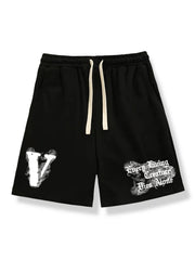 Men's Big V Letter Print Casual Drawstring Shorts