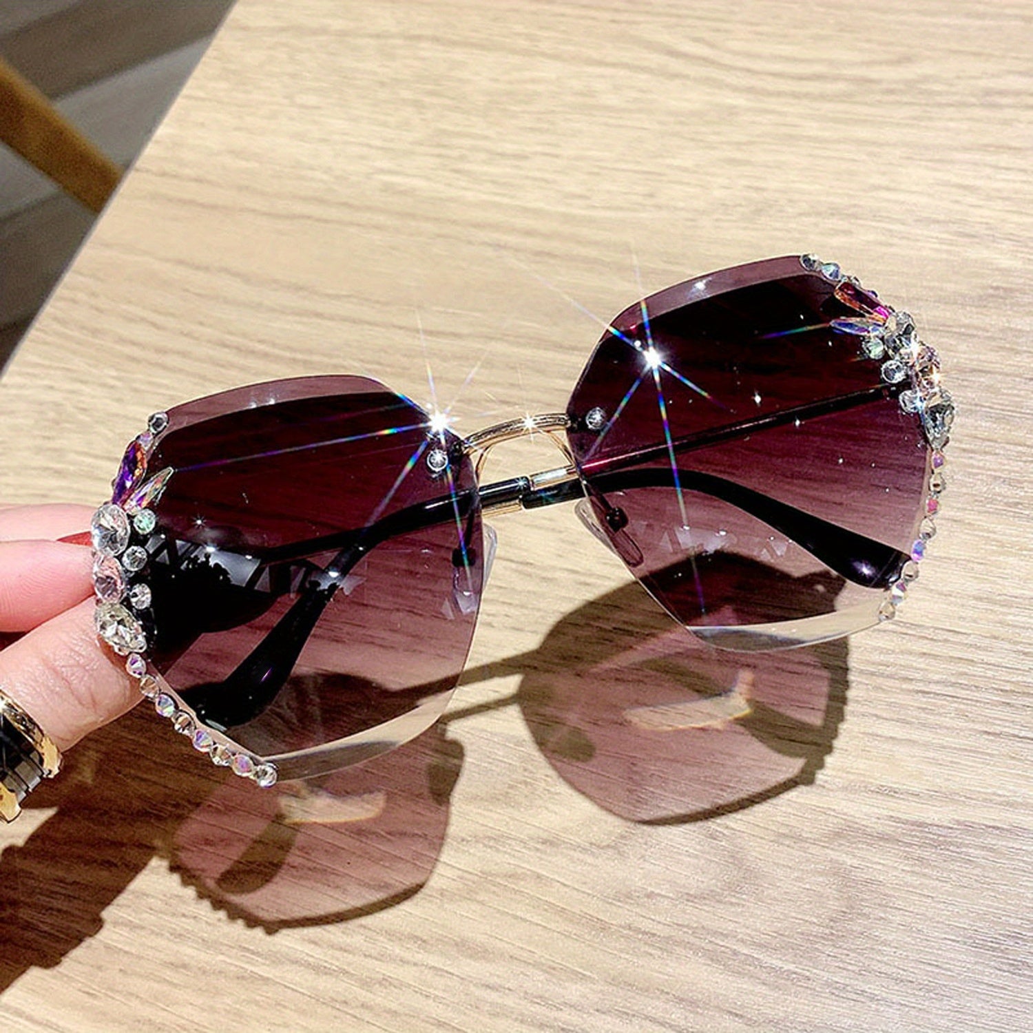 Rhinestone Rimless Sunglasses UV400 Gradient Glasses
