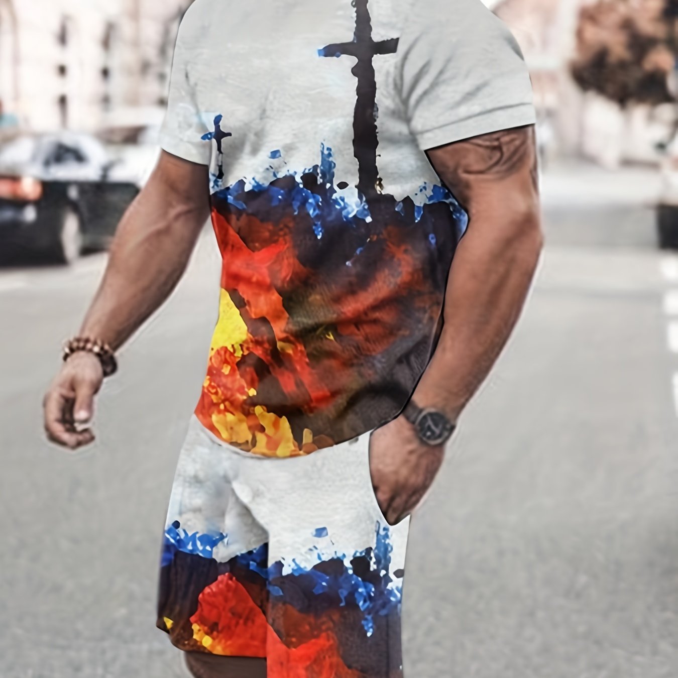 3D Pattern Print Men's 2Pcs Casual Outfits Crew Neck T-shirt And Shorts Set