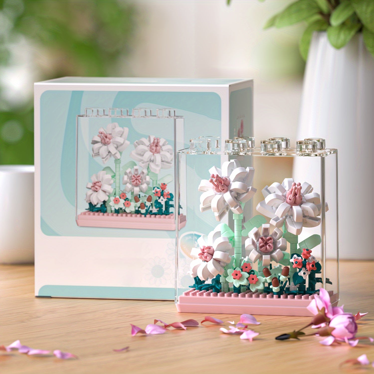 Flower Building Blocks Set DIY Craft Flower Bouquet Kit with Acrylic Case