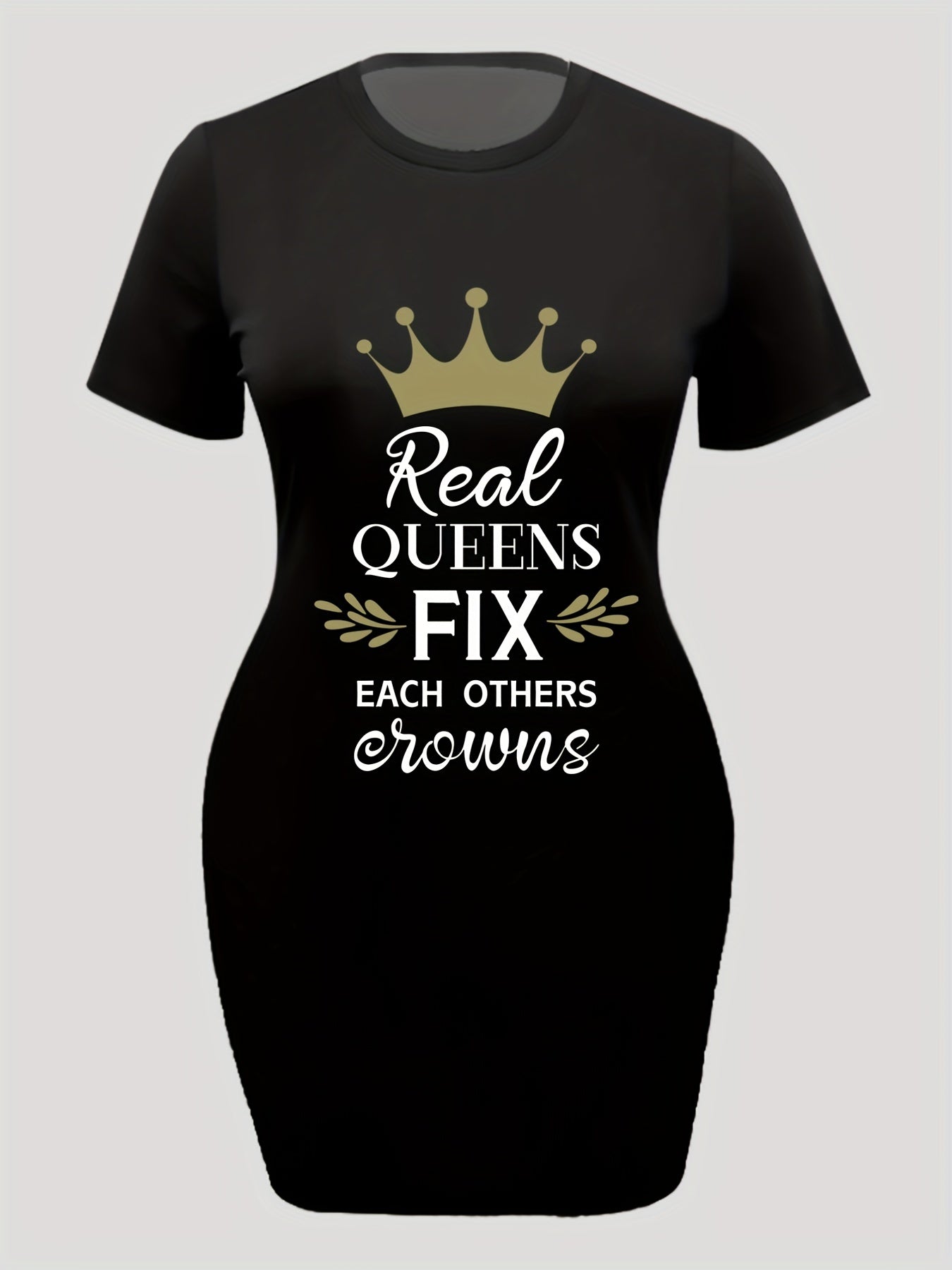  Casual Dress Women's Plus Crown & Letter Print Short Sleeve Tee Dress