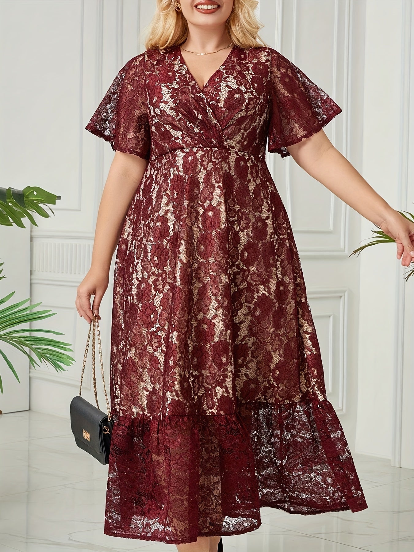  Solid Lace Short Sleeve Surplice Neck Smock Dress