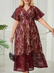  Solid Lace Short Sleeve Surplice Neck Smock Dress