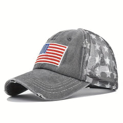 Pentagram Print Ponytail Baseball Cap Flag Embroidery Mesh