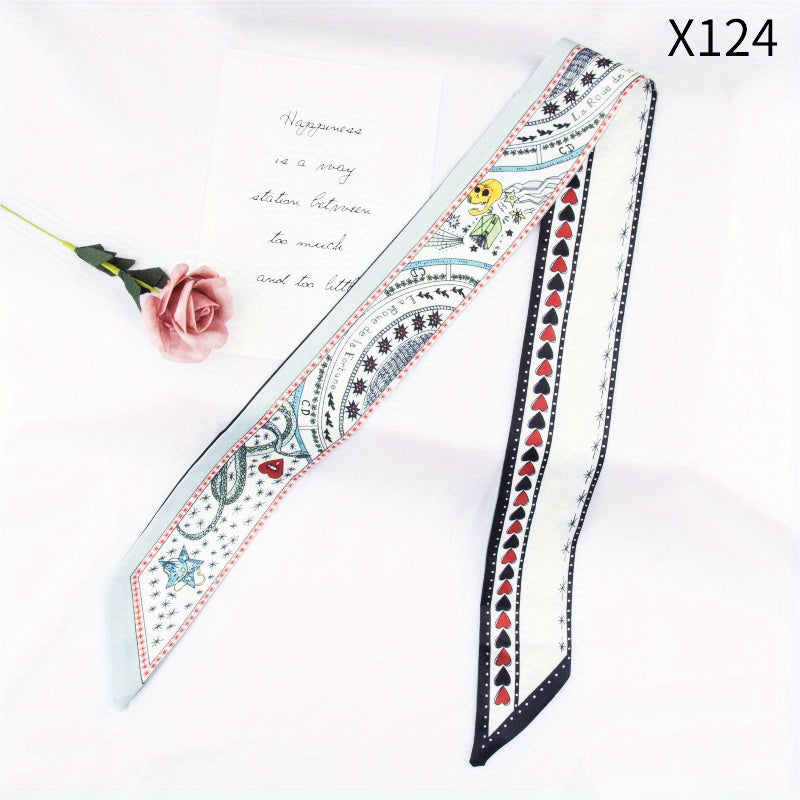 Flower Print Skinny Scarf Long Ribbon Neckerchief Silk Twilly Scarf