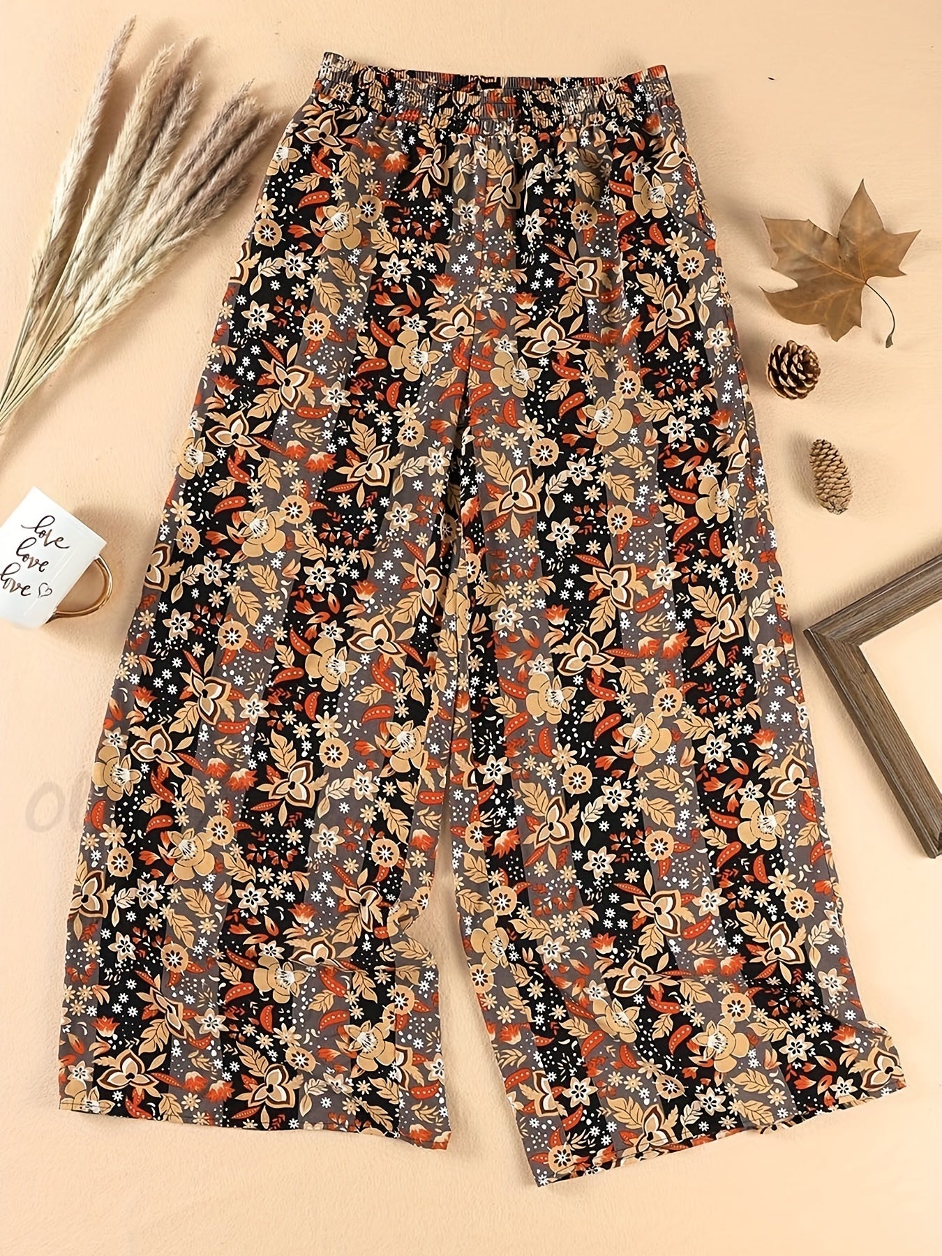 Plus Floral Stripe High Waisted Wide Leg Pants
