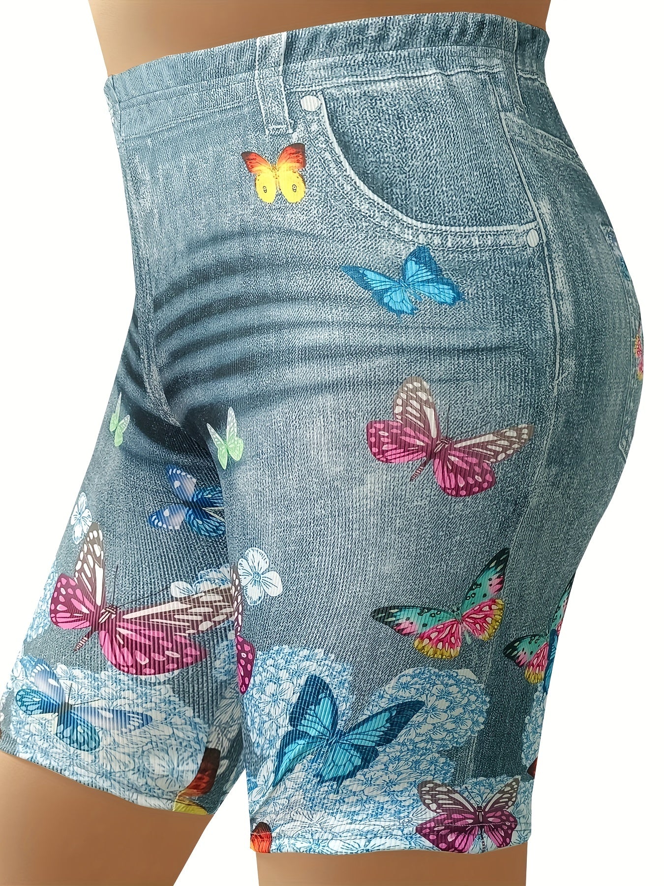 Plus Denim & Butterfly Print High Rise Skinny Slight Stretch Shorts