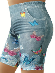 Plus Denim & Butterfly Print High Rise Skinny Slight Stretch Shorts