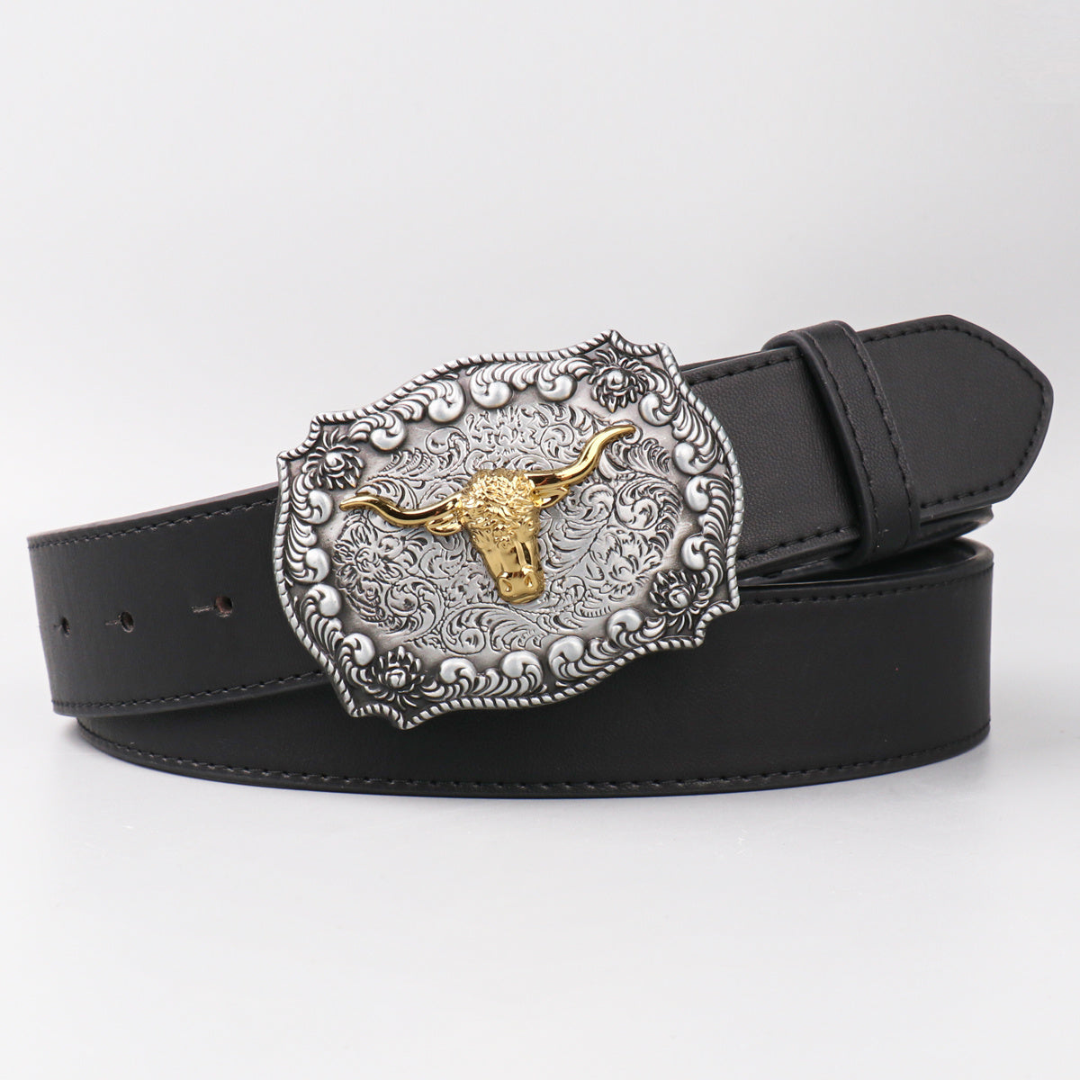 Vintage Western Cowboy Cow Head Men's Belt PU Leather