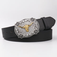 Vintage Western Cowboy Cow Head Men's Belt PU Leather