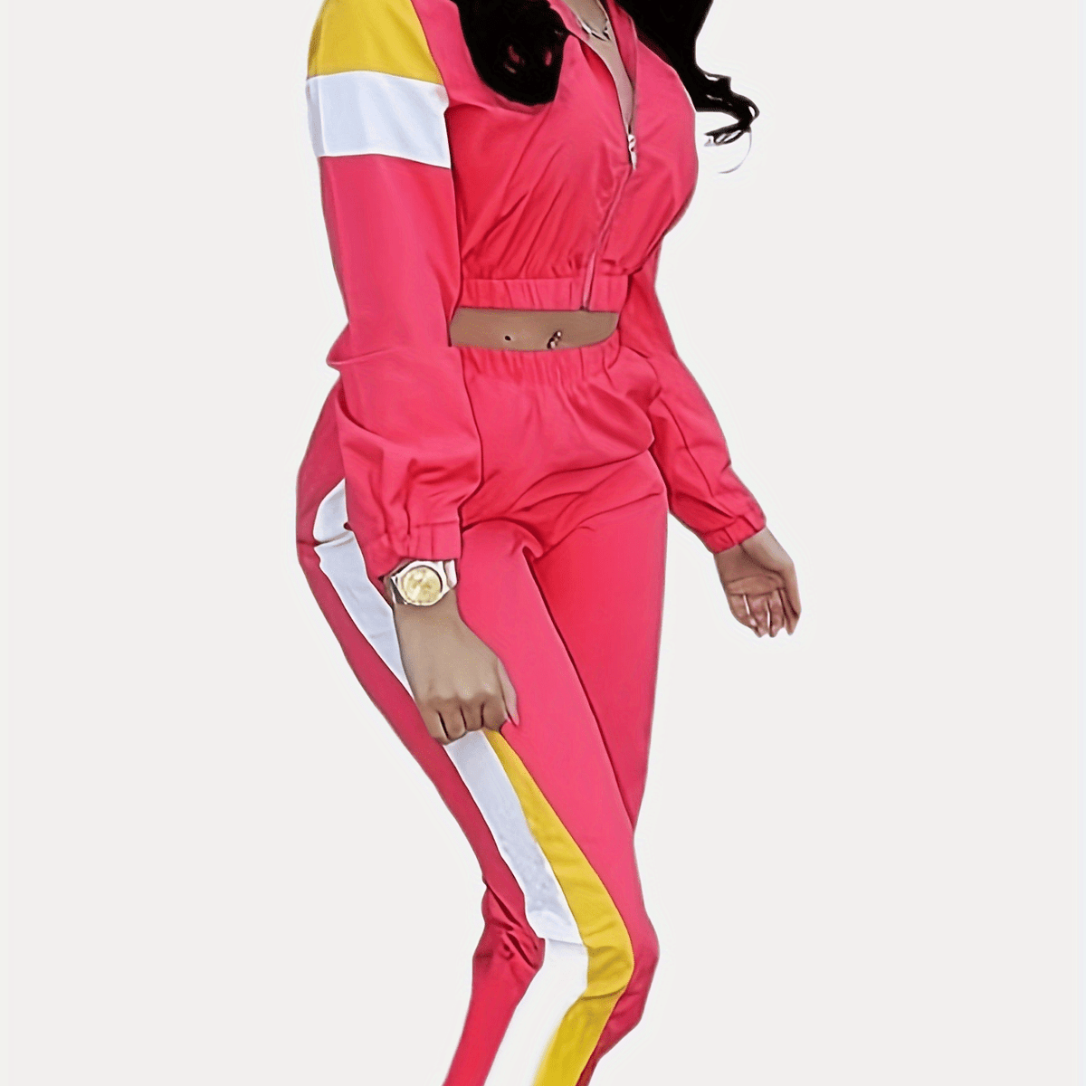  Colorblock Zipper Crop Coat & Jogger Pants Set