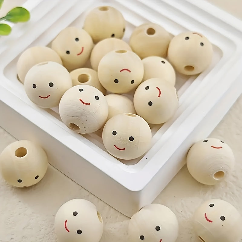 20pcs Smiling Face Wooden Beads Round Expression Loose Beads