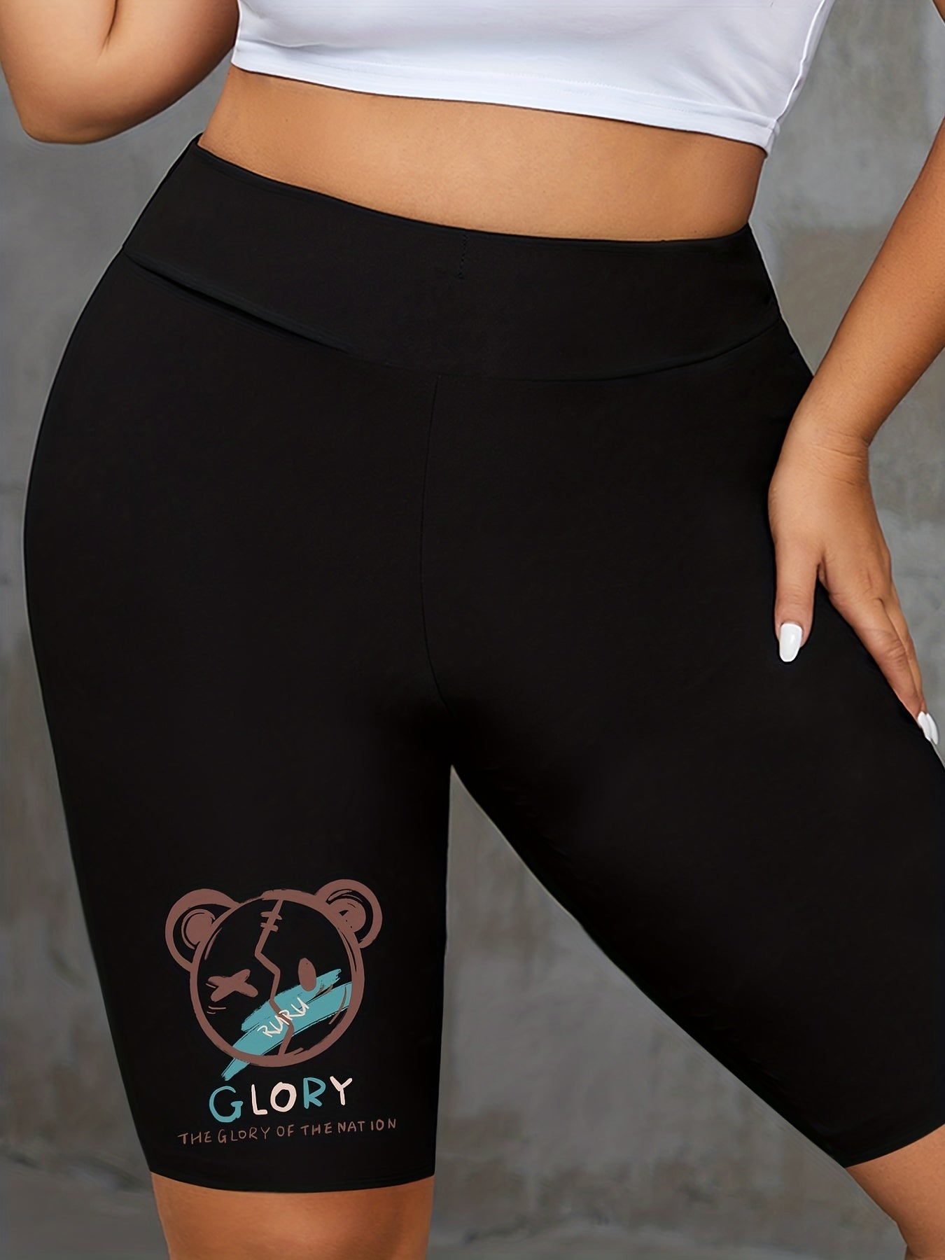 Women's Plus Bear & Letter Print High Rise Biker Shorts