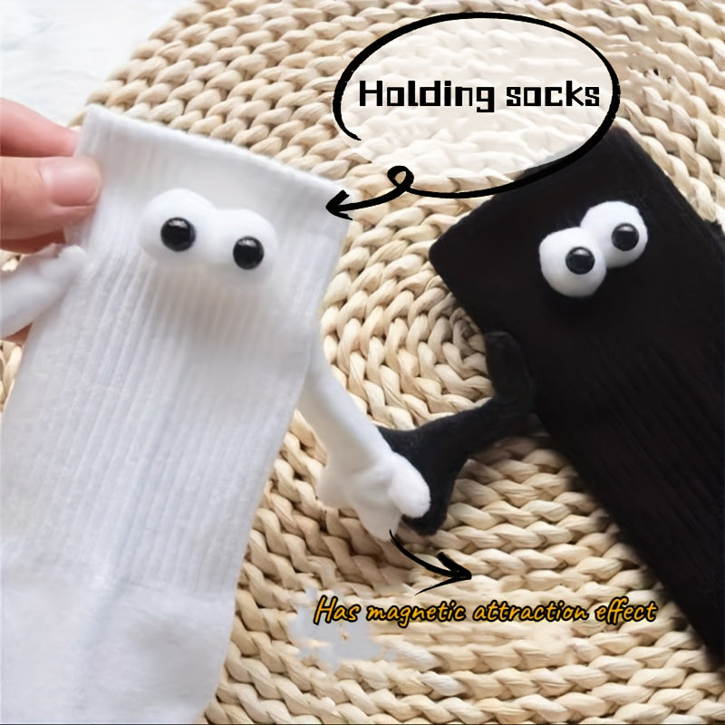 2 Pairs Hand In Hand & Cartoon Eyes Decor Socks Women's Stockings
