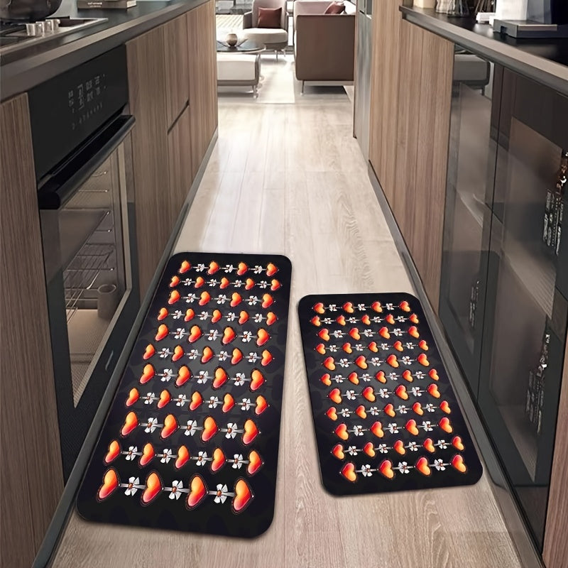 Red Heart Print Kitchen Mat Floral Pattern Rug, Washable Decorative Carpet