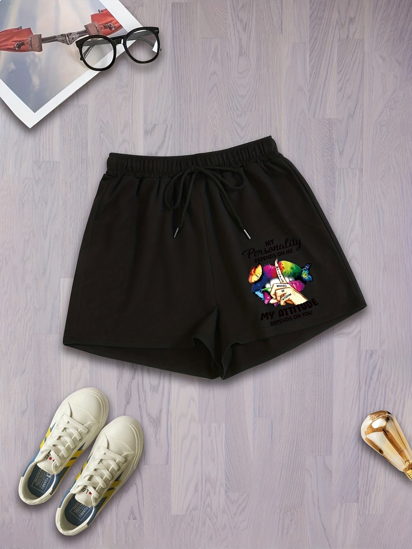  Gradient Lips Print Drawstring Comfort Shorts