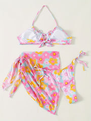 Digital Floral Print Bikini Set with Sheer Wrap Skirt
