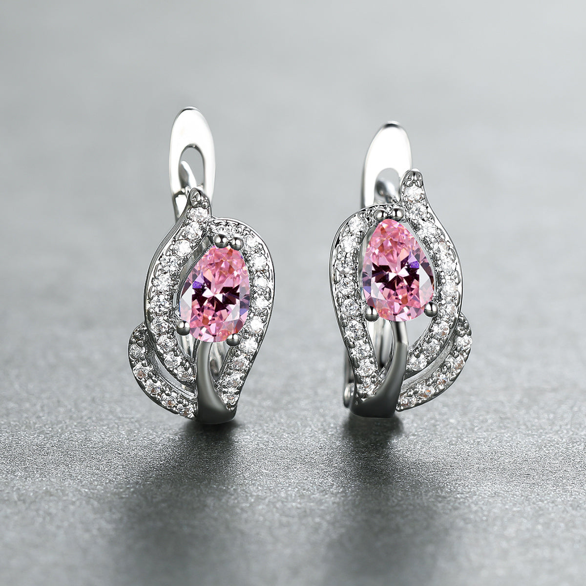 Multicolor Zirconia Stone Hoop Earrings, Leaf Crystal Silver Wedding Jewelry