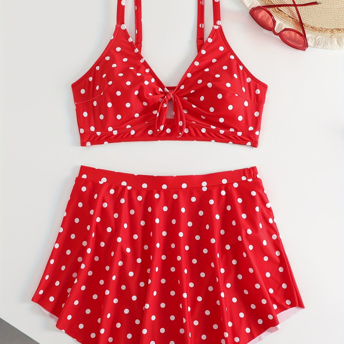  Polka Dot Print Tie Front Bra & Pleated Skort Swimsuit Set