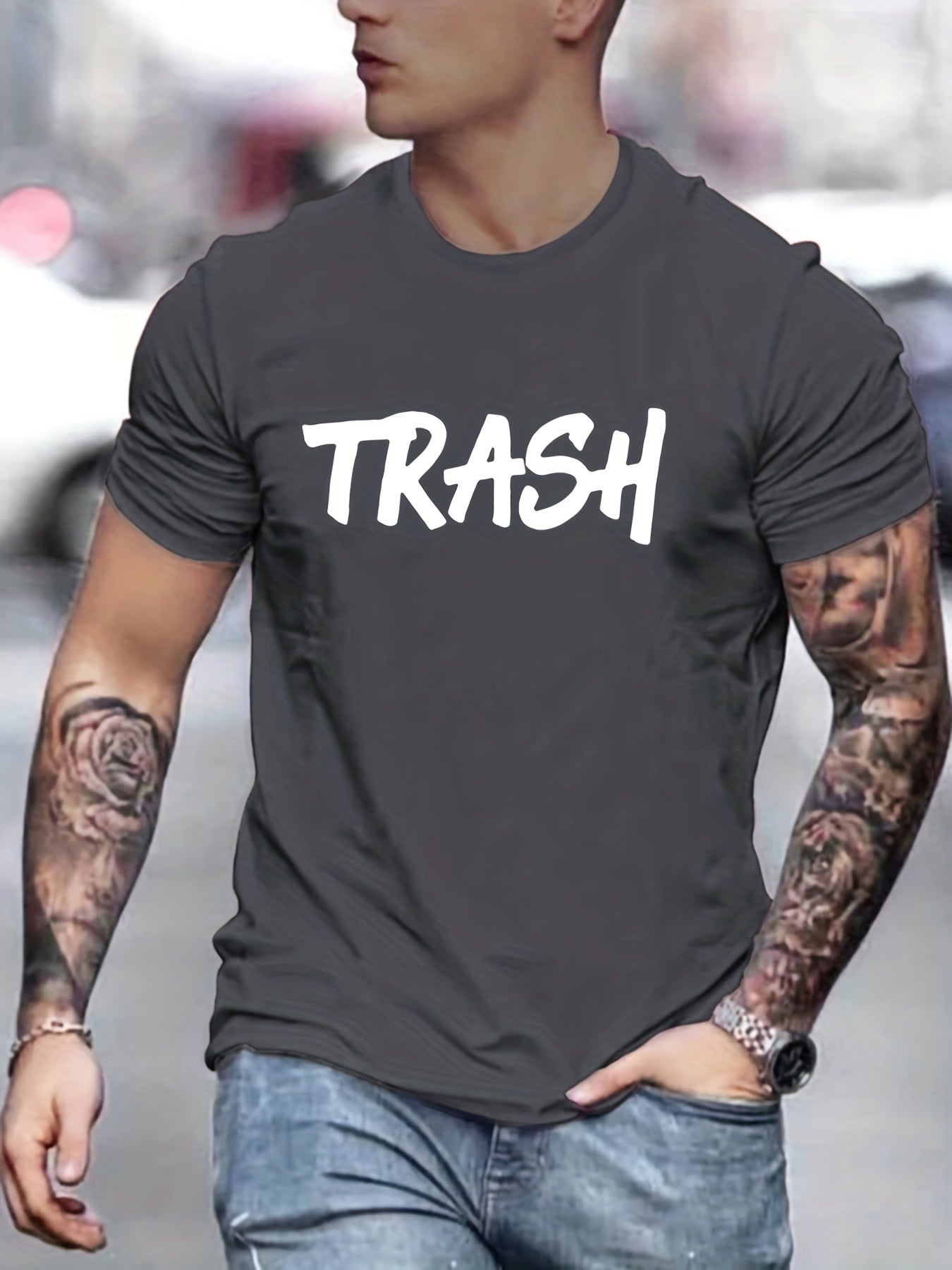 Men's Trash Print T shirt Casual Breathable Tee Men's Clothing