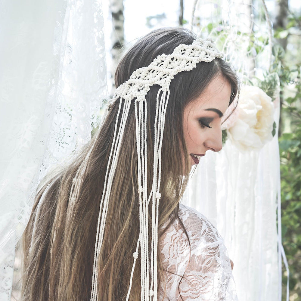 Boho Wedding Headband Beige Brown Bridal Veil Hairband for Women