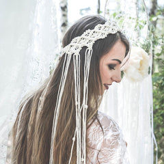 Boho Wedding Headband Beige Brown Bridal Veil Hairband for Women
