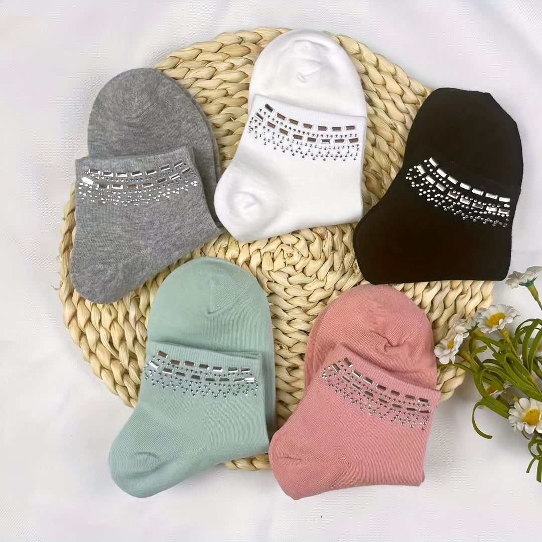 5 Pairs Rhinestone Crew Socks for Women - Comfy & Breathable Stockings
