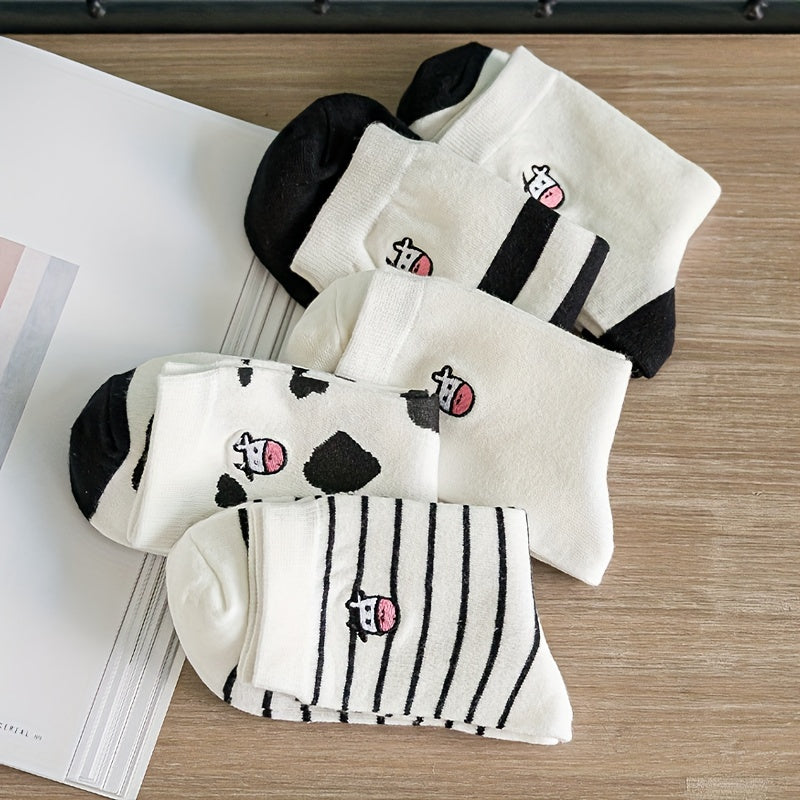 5 Pairs Cartoon Cow Print Socks Women's Mid Tube Stockings