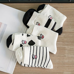 5 Pairs Cartoon Cow Print Socks Women's Mid Tube Stockings