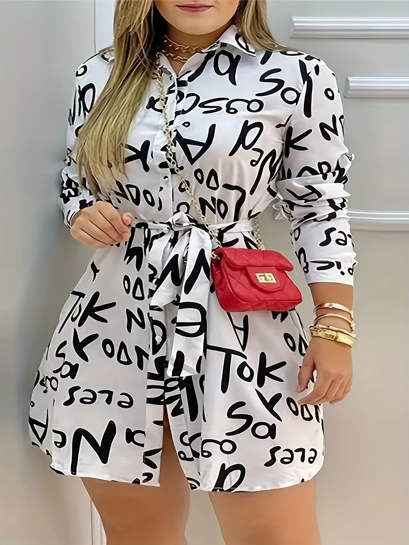  Letter Print Long Sleeve Shirt Dress with Belt